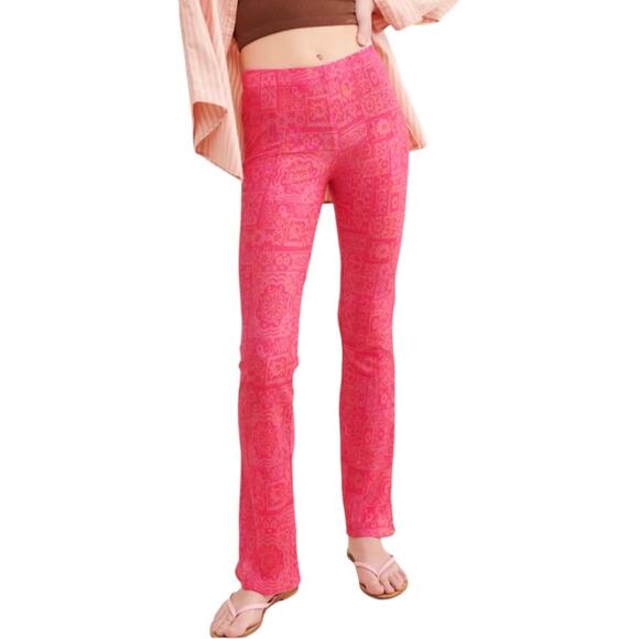 Urban Outfitters Alia Plisse Pink Floral Flare Pants MEDIUM - Picture 1 of 8